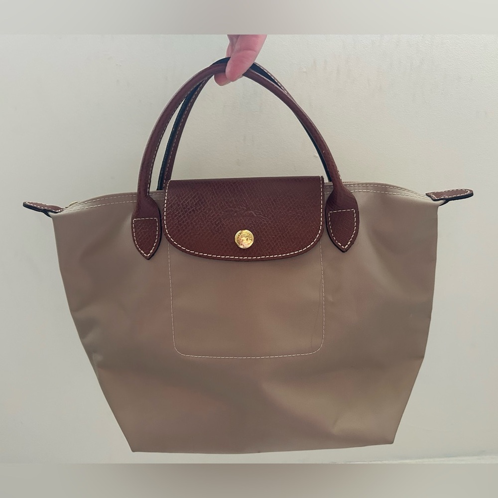 LONGCHAMP Tan Brown Canvas Leather Foldable Small Tote bag